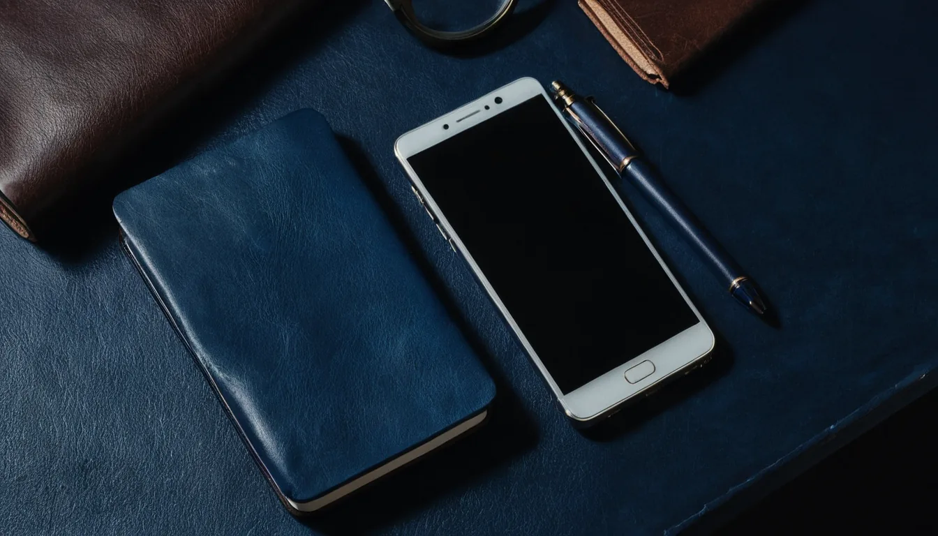 机の上のスマートフォンと手帳